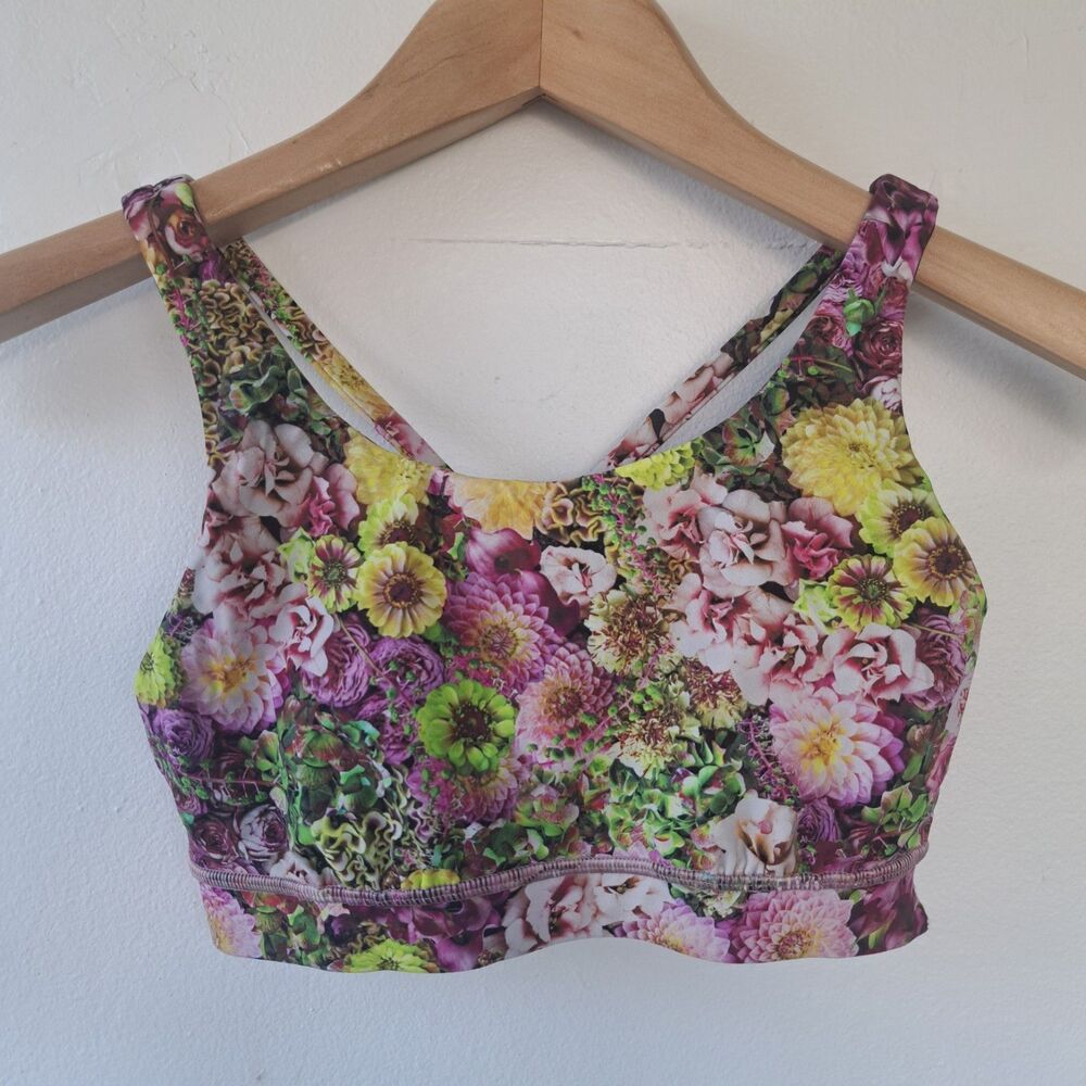 Lululemon Energy Sports Bra Floral Print Multicolor Nulux Strappy Size 6 FLAWED